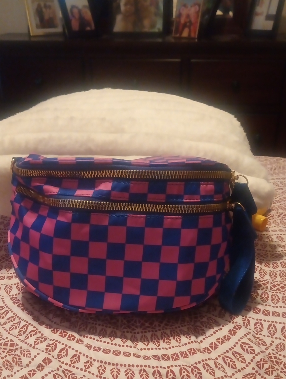 Blue and Pink Checker Crossbody Bag with Dual Zip Pockets